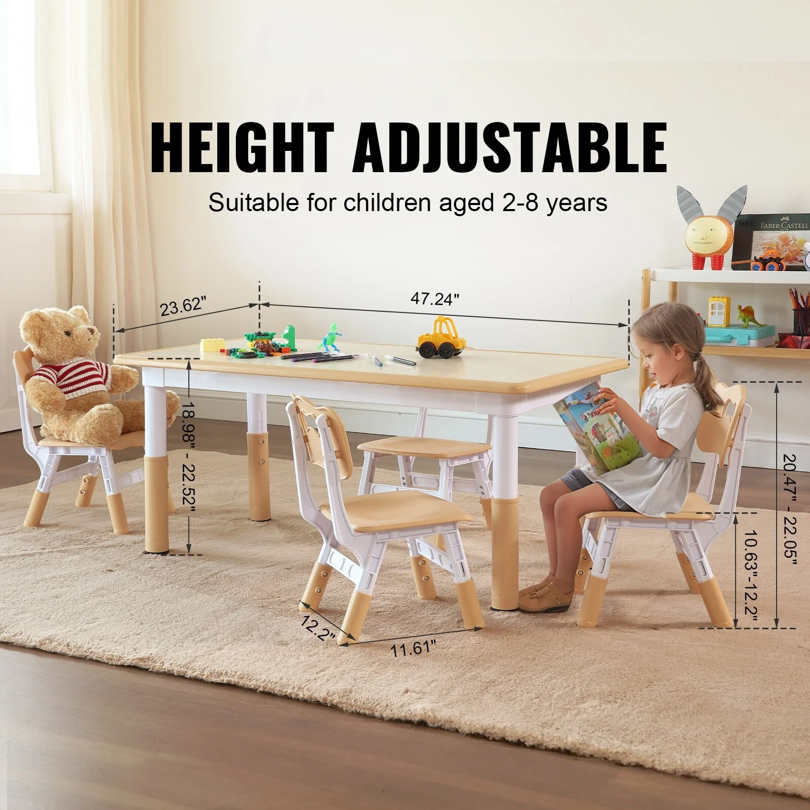 Adjustable Kids Table and 4 Chair Set for Ages 2–8, Multi-Function Activity Desk - 47.24 x 23.62 x 18.98-22.52 inch