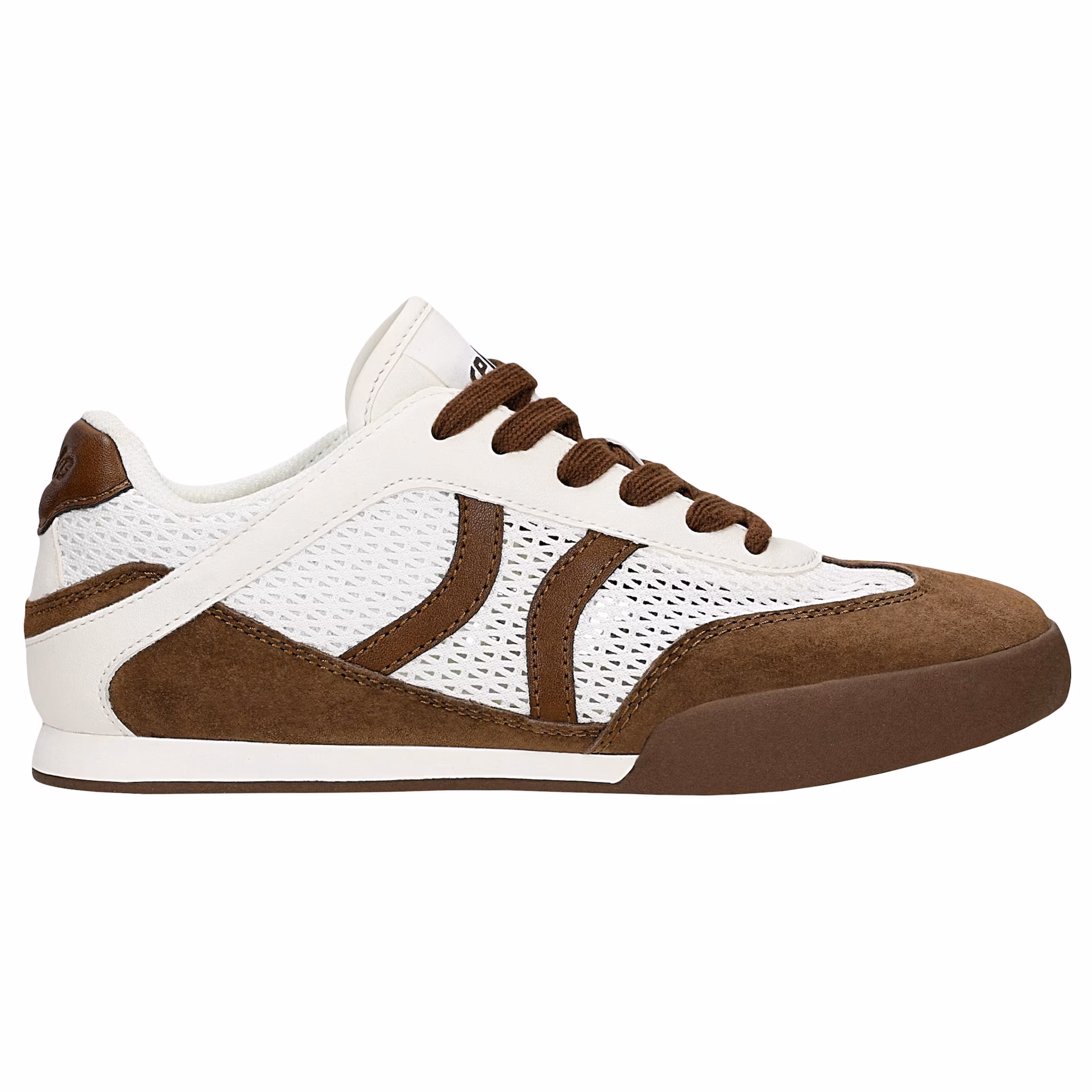 Beżowo-brązowe sneakersy damskie w stylu retro z ażurową cholewką RELAKS
