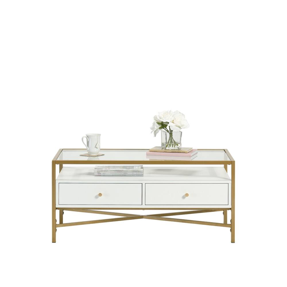 Sauder Harper Heights Tempered Glass Top Coffee Table with Drawers, White
