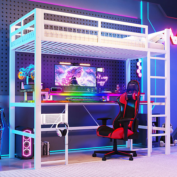 Lit mezzanine en fer 90 x 200 cm avec bande lumineuse LED, bureau, 1 port USB   1 port Type-C et 2 prises, sans matelas, blanc