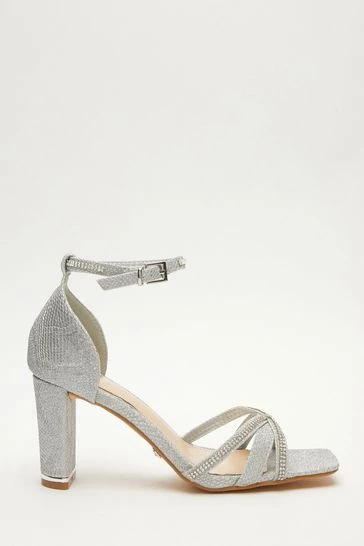 Quiz Silver Satin Cross Diamante Strap Block Heel Sandals