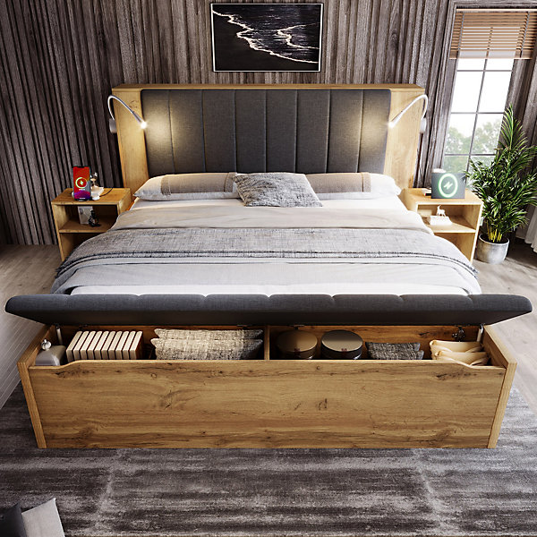 Lit adulte 160x200cm - lampe de lecture prises chargement banquette de rangement - 2 tables de chevet - Naturel (sans matelas)