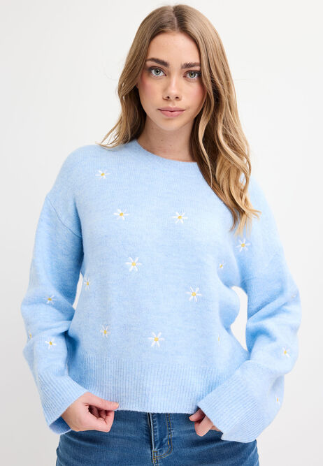 Womens Light Blue Daisy Embroidered Jumper