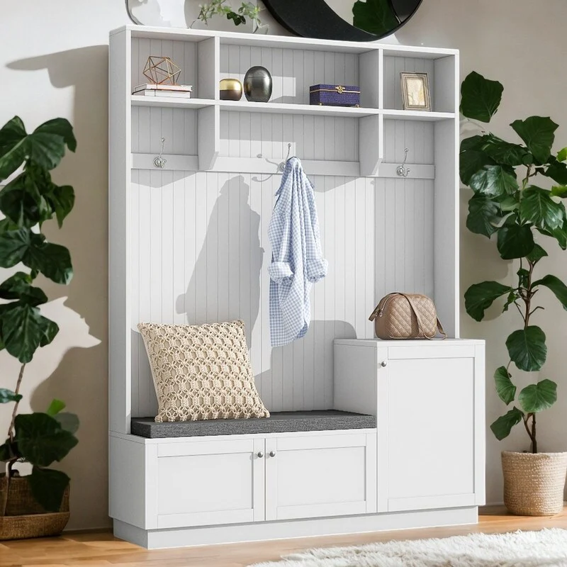 Elegant Style Hall Tree with Storage Solutions, Hallway Shoe Cabinet with Bench & Cushion, Coat Rack with Hooks, White