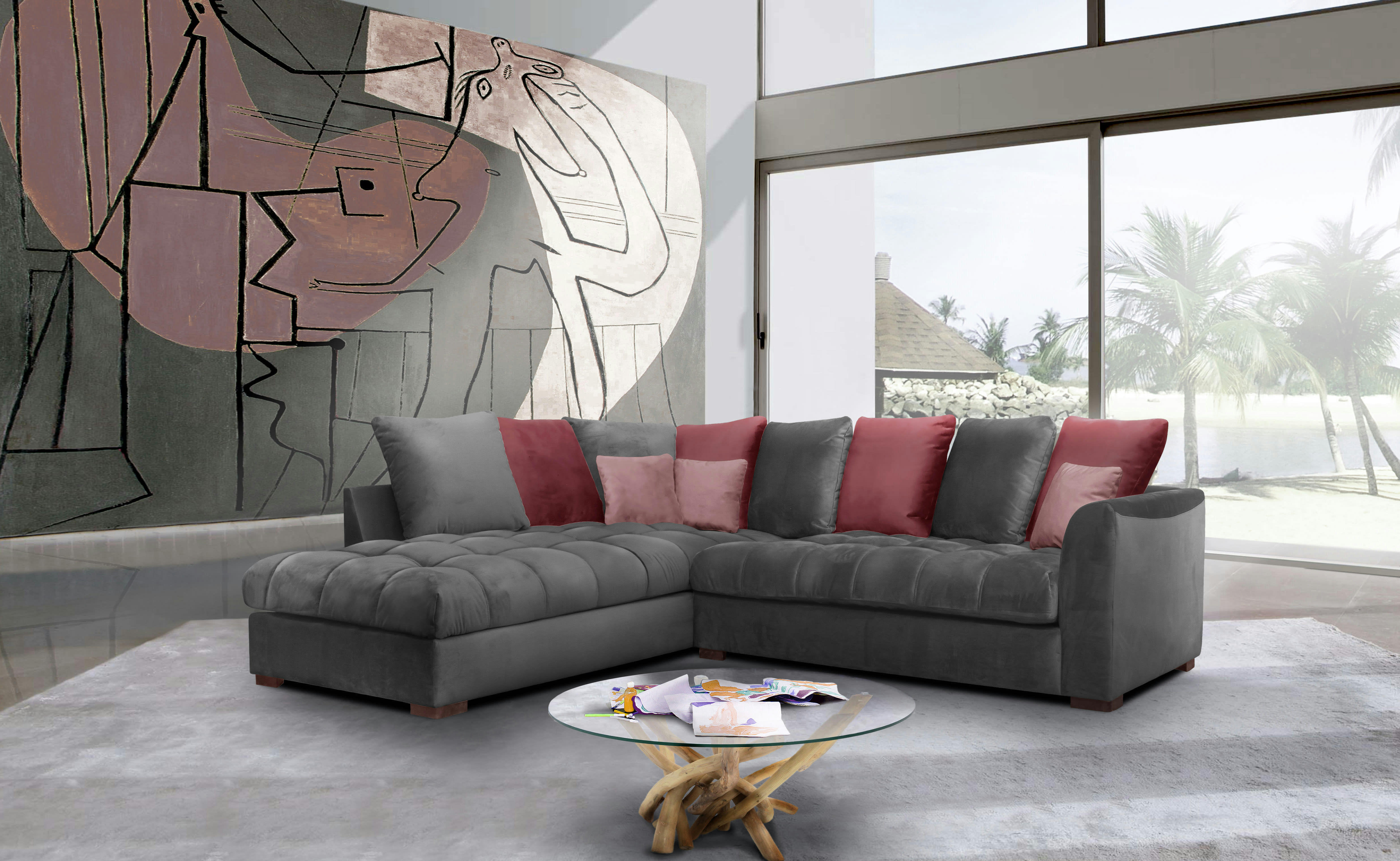 BARDI - Canapé d'angle gauche 5 places tissu gris foncé