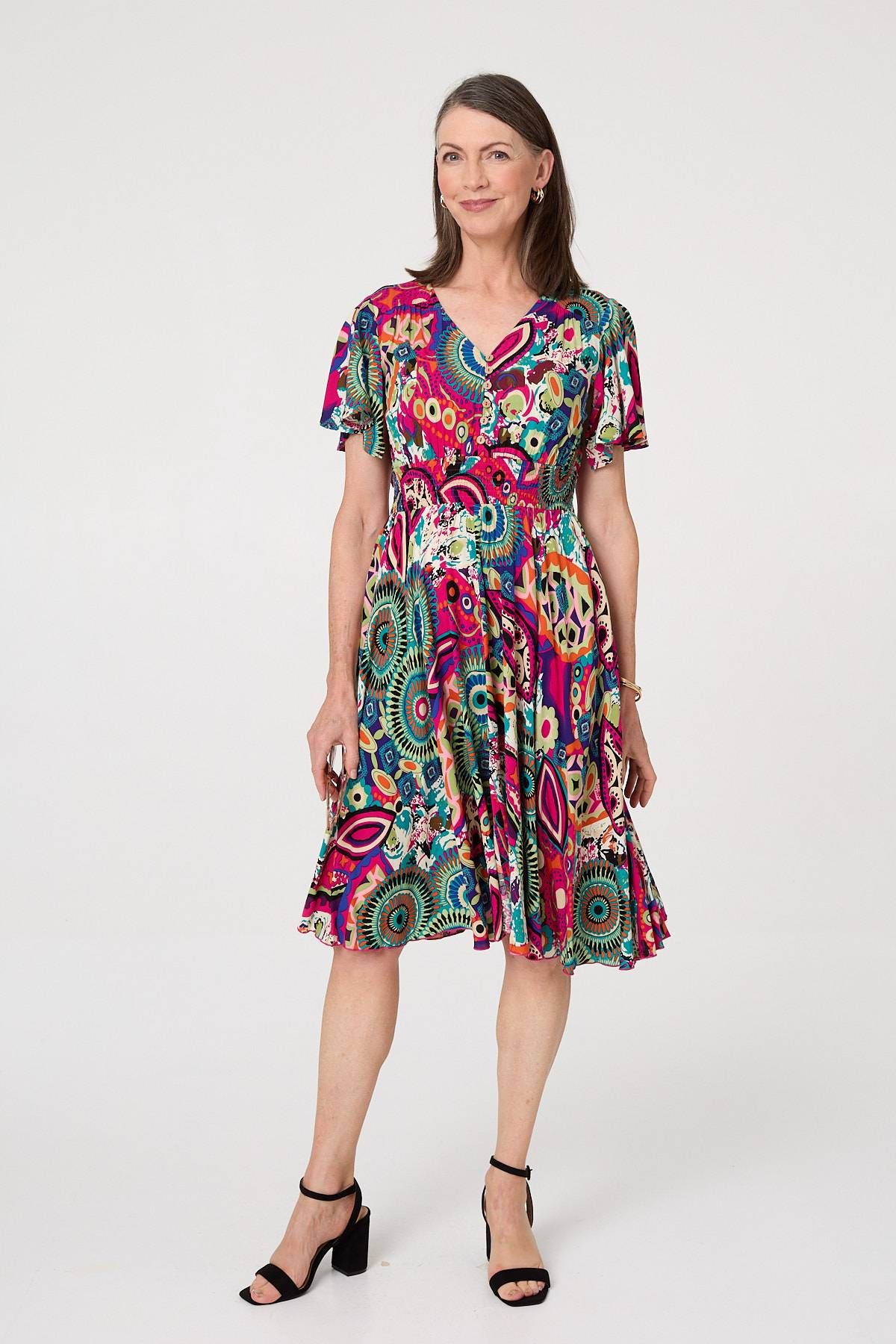 Izabel London Abstract Print V-Neck Knee Length Dress