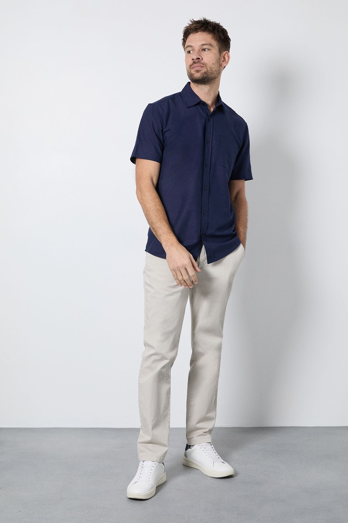 Burton Navy Linen Blend Short Sleeve Shirt