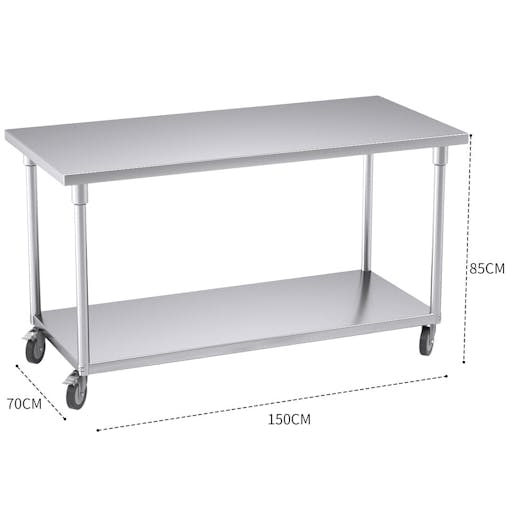 SOGA Commercial Stainless Steel Prep Bench with Wheels 150cm