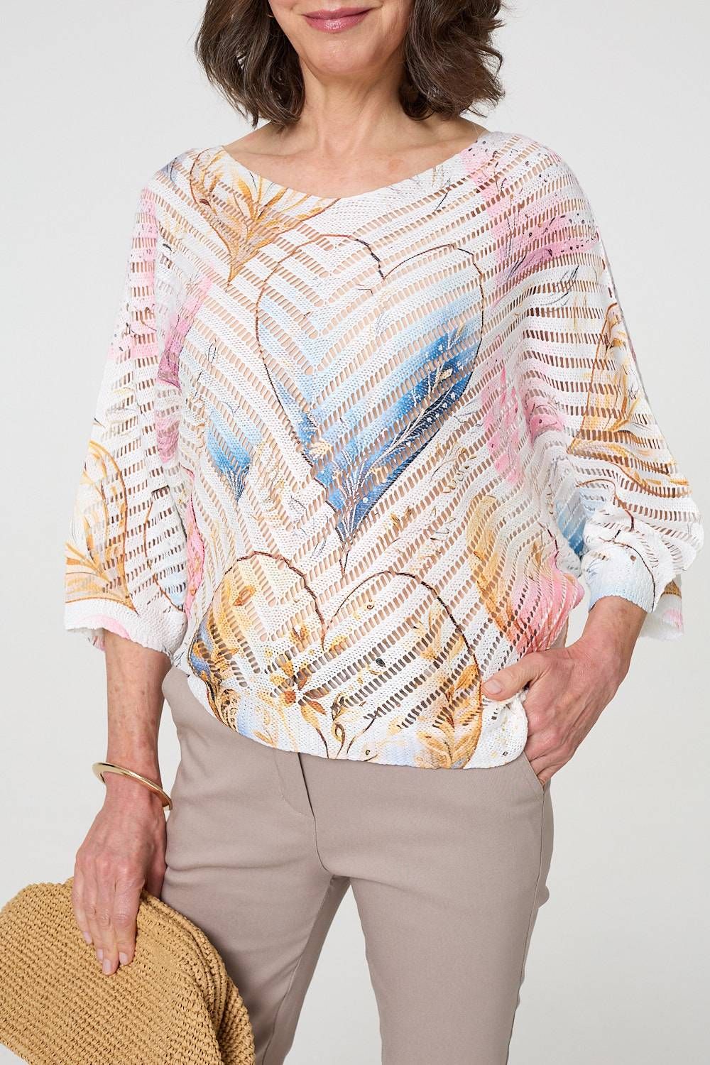 Izabel London Heart Print Open Knit 3/4 Sleeve Top