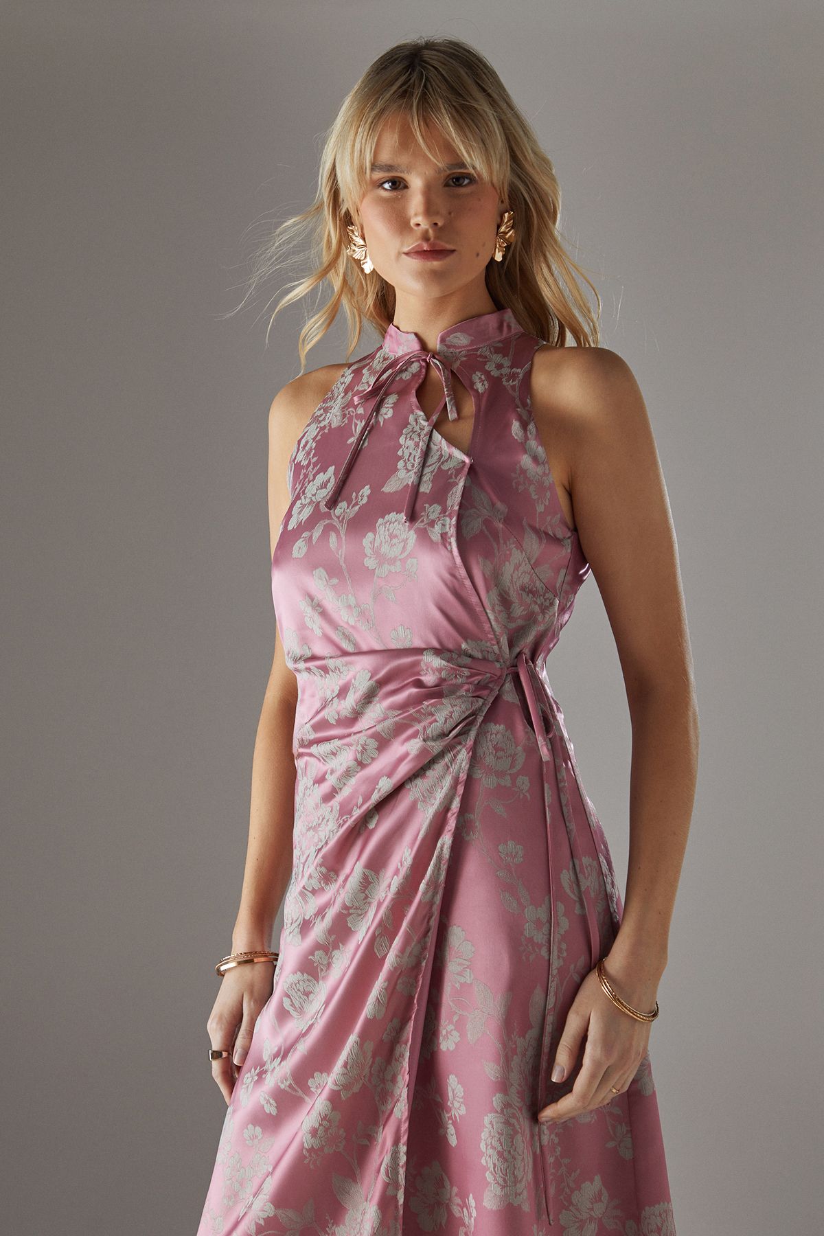 Warehouse Satin Jacquard Tie Racer Wrap Midi Dress