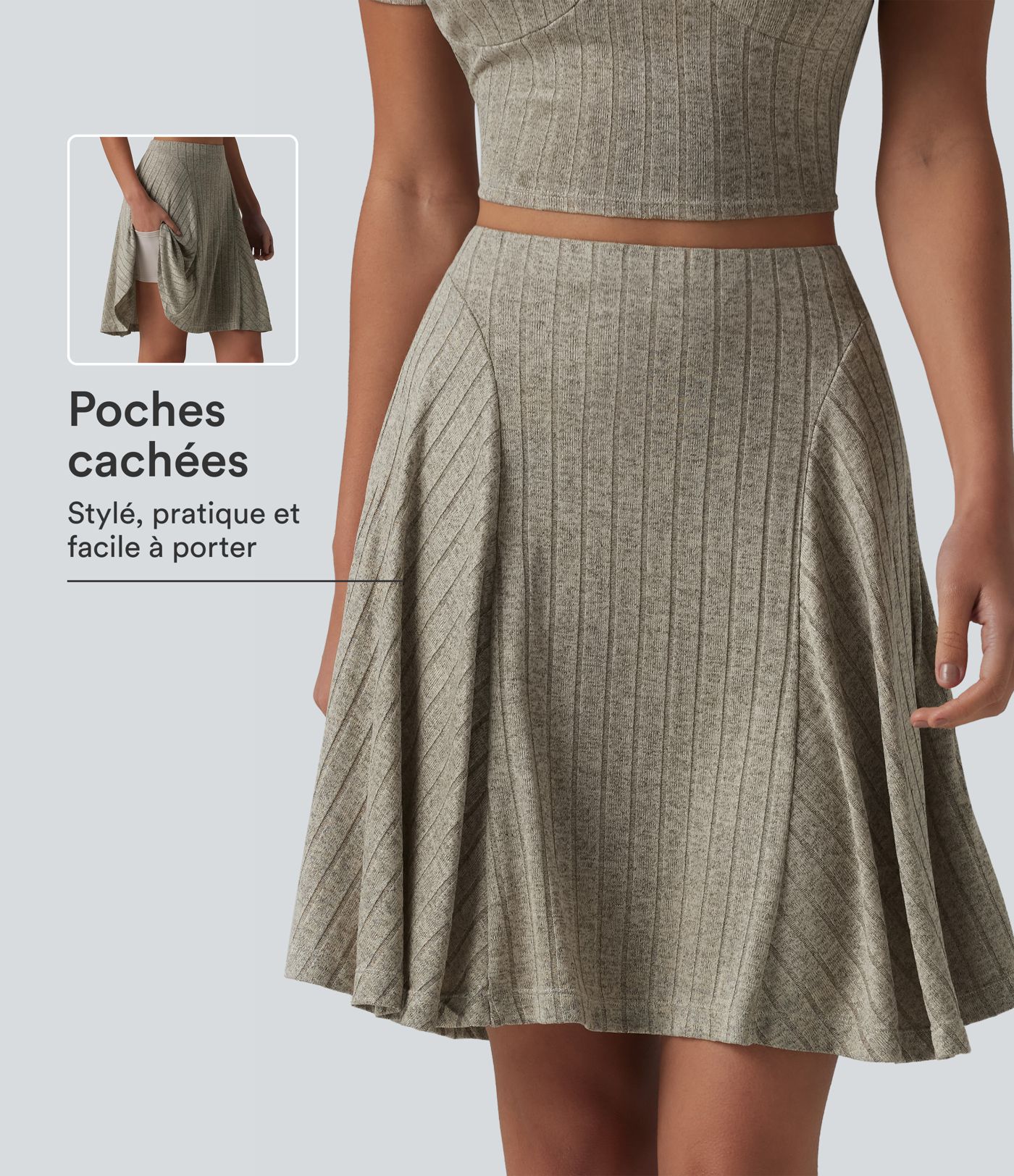Jupe mini évasée casual 2 en 1 en maille côtelée taille haute avec poches