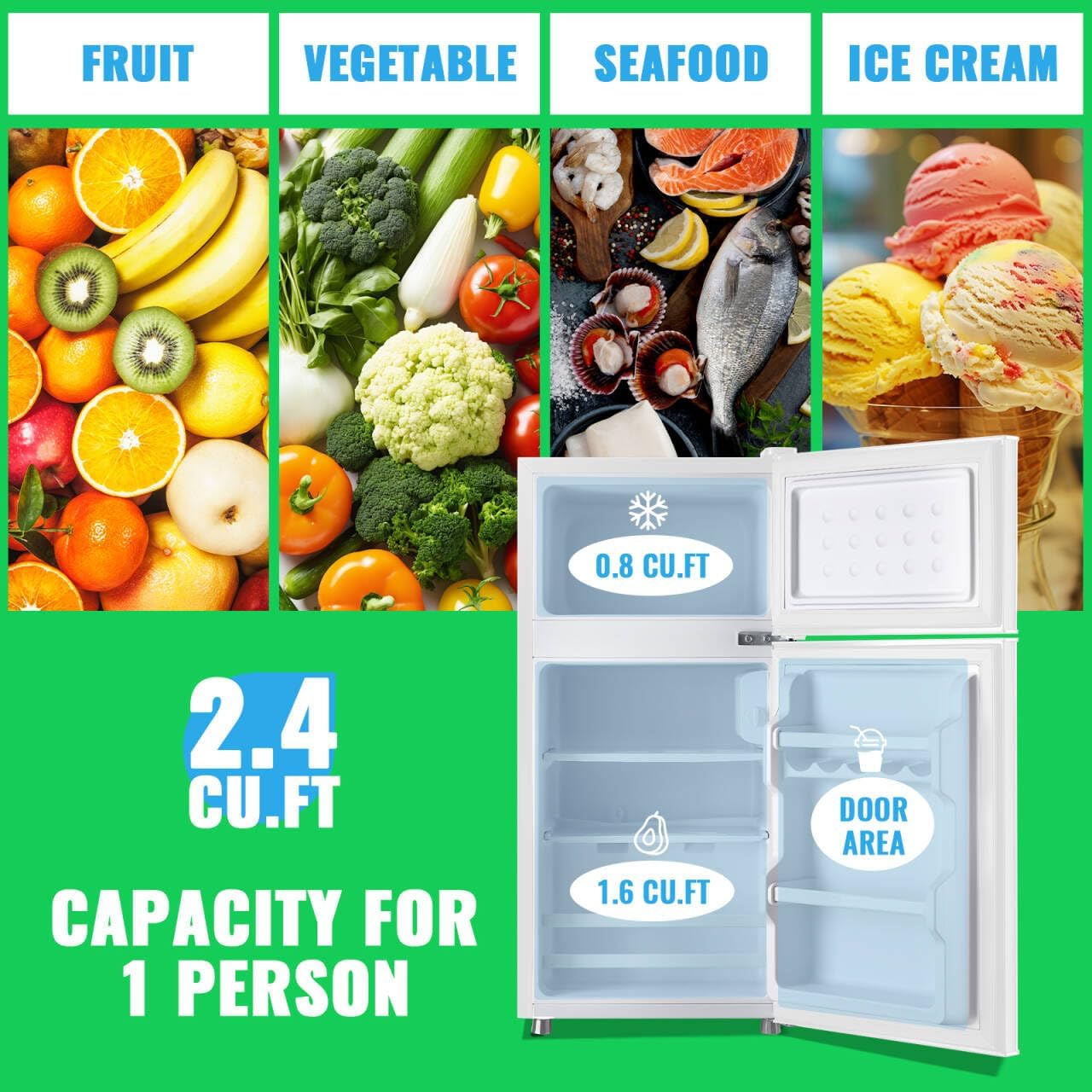 DEMULLER 2.4 Cu.ft White Mini Fridge with Top Freezer Dorm Refrigerator with 7 Adjustable Temperature Control & Ajustable Feet, Small Fridge Ideal for One Person Use Apt Kitchen Office