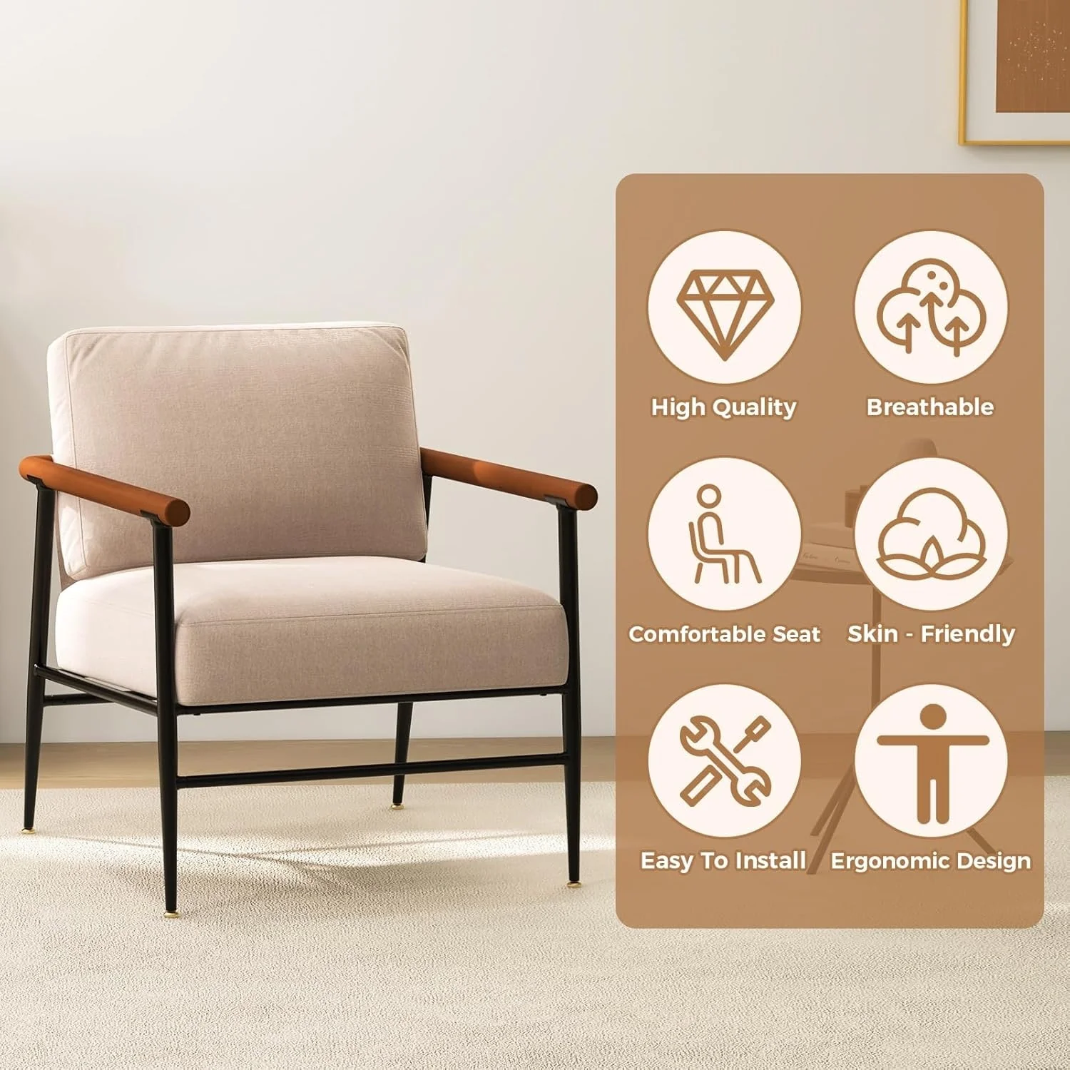 Accent Chair Mid Century Modern Chair Linen Fabric Living Room Lounge Chair with Overstuffed Back Pillow Reading Side Chair