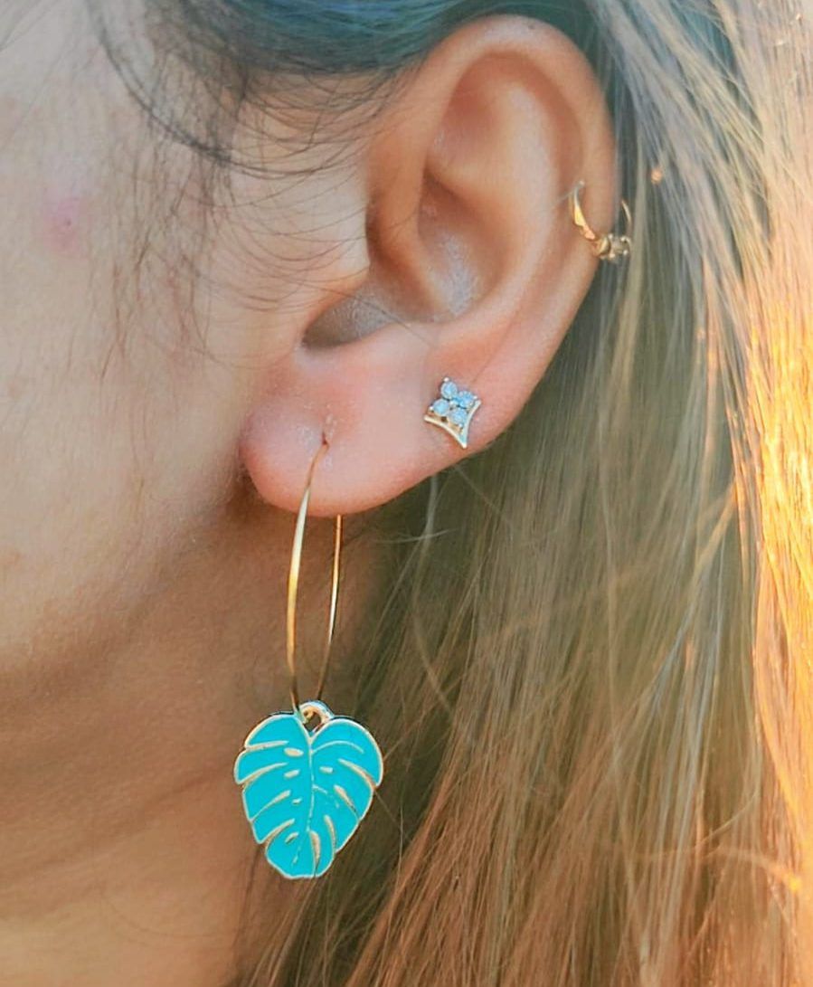 The Colourful Aura Leaf Charm Dangle Floral Huggie Hoop Earrings