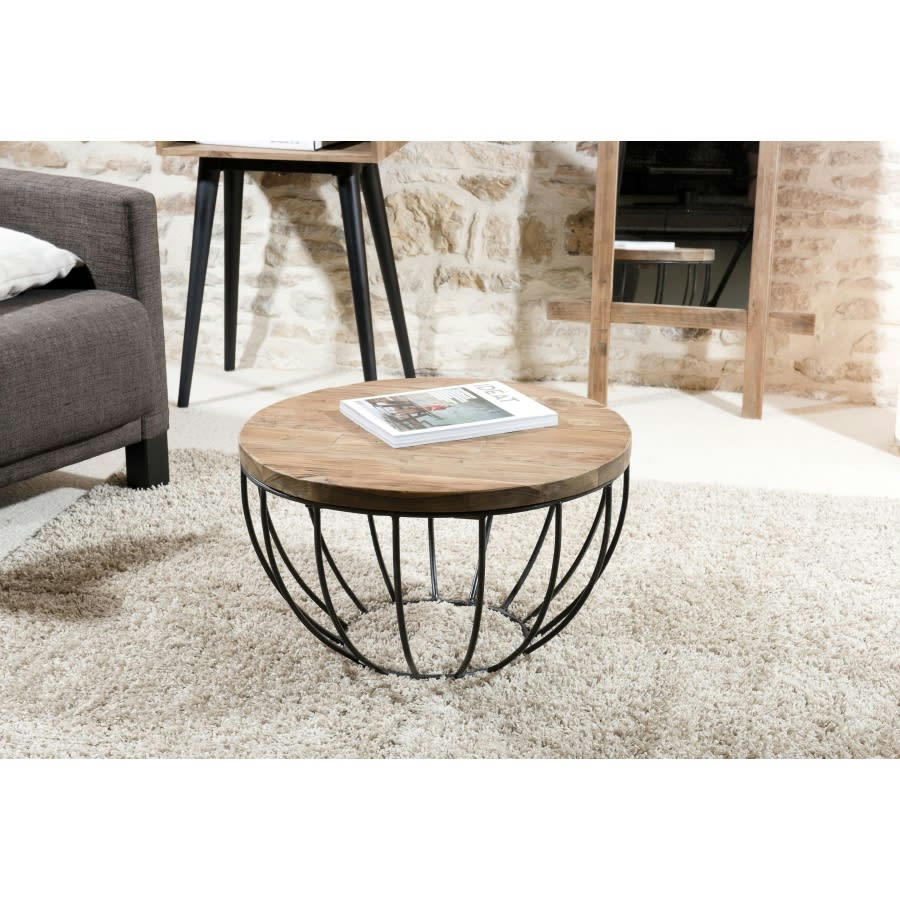 ALIDA - Table basse coque en teck recyclé métal noir D60