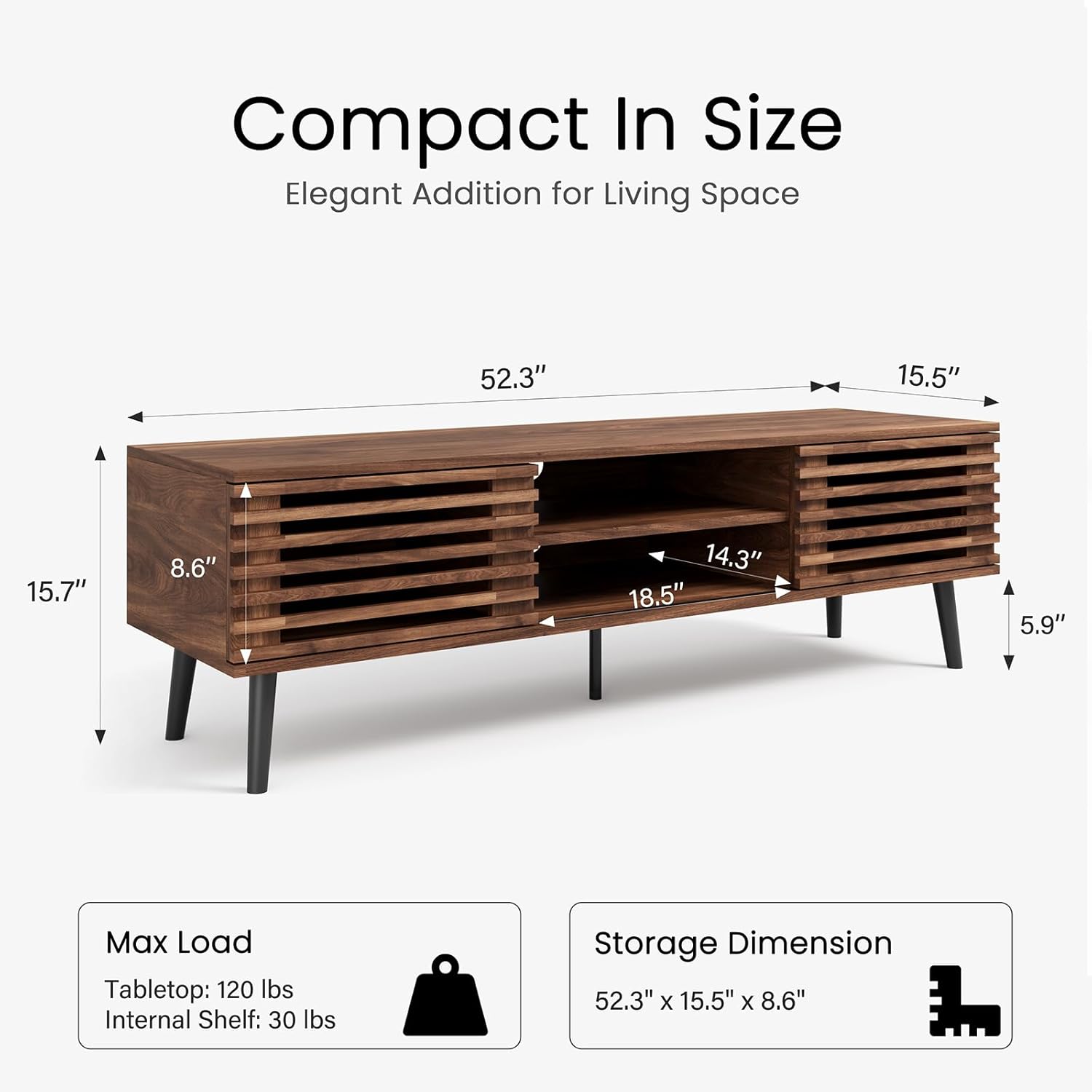 HAIOOU Mid Century Modern TV Stand, 52 Wooden TV Console with Slatted Sliding Doors and Storage for 50/55/60 Inch TV, Small Entertainment Center Media Console Cabinet for Living Room - Walnut Brown