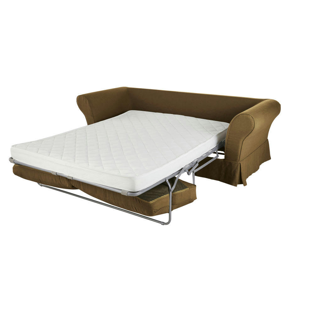 Roma - Housse de canapé-lit 3/4 places (matelas 12 cm) en lin froissé marron havane