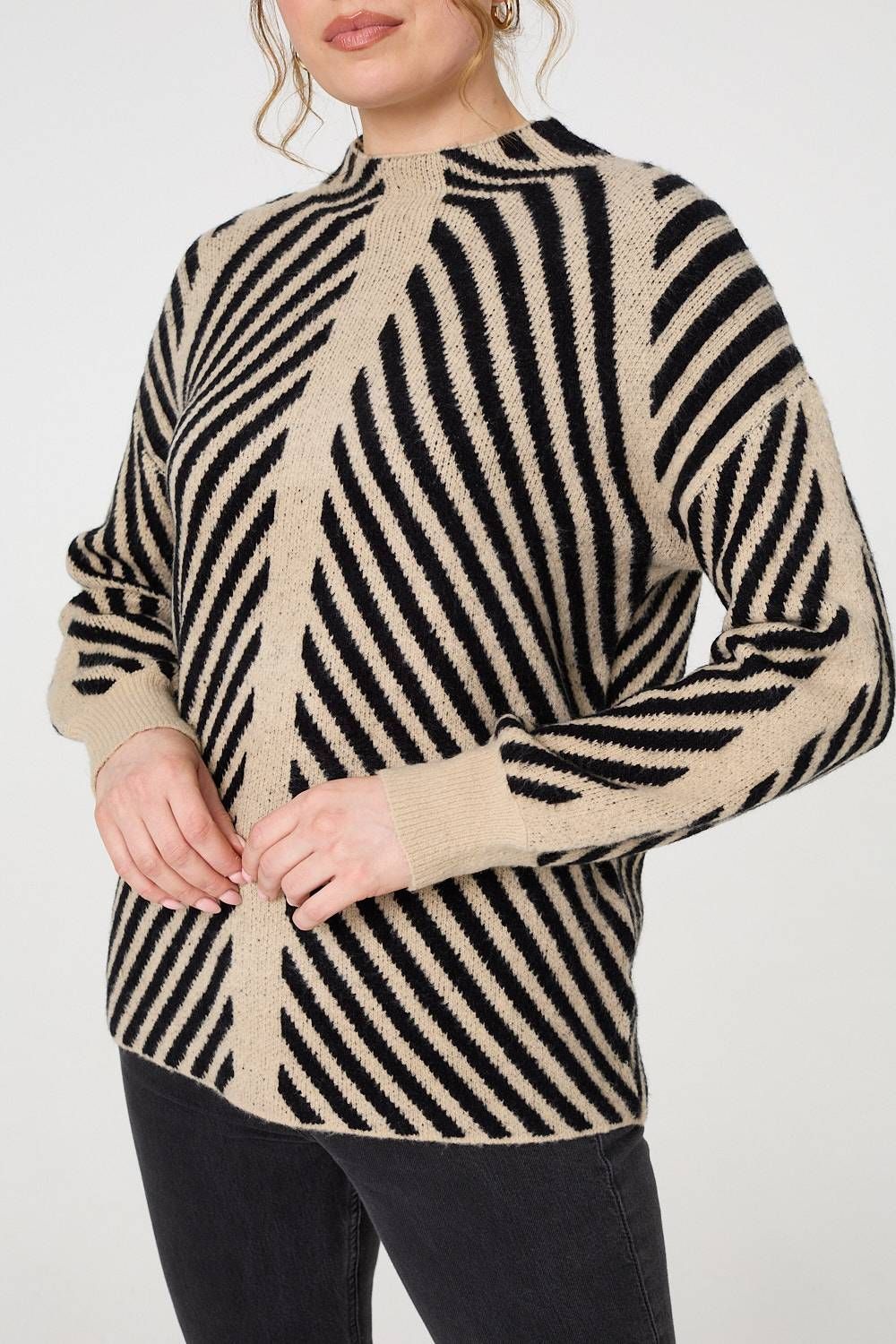 Izabel London Striped High Neck Drop Shoulder Jumper