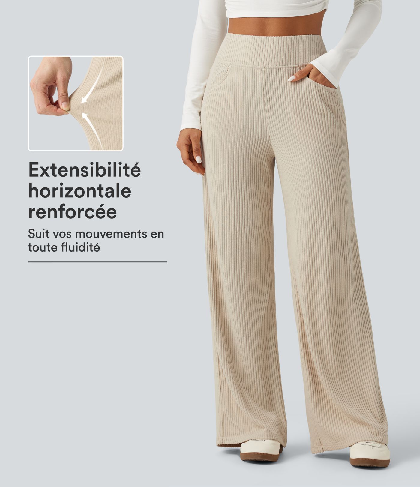 Pantalon en maille côtelée taille haute coupe large avec poches