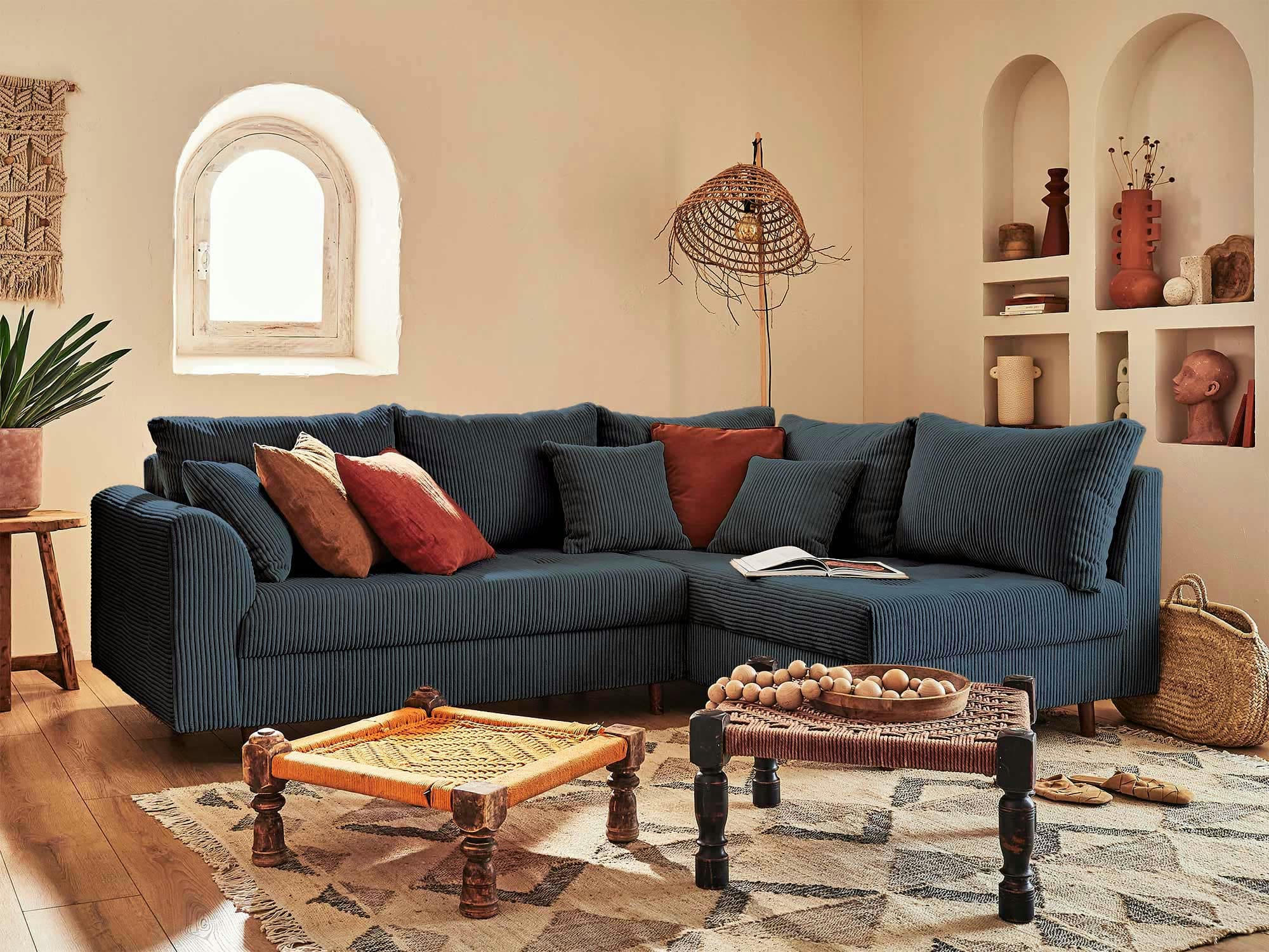 RUNE - Canapé d'angle droit 4 places en velours côtelé bleu nuit