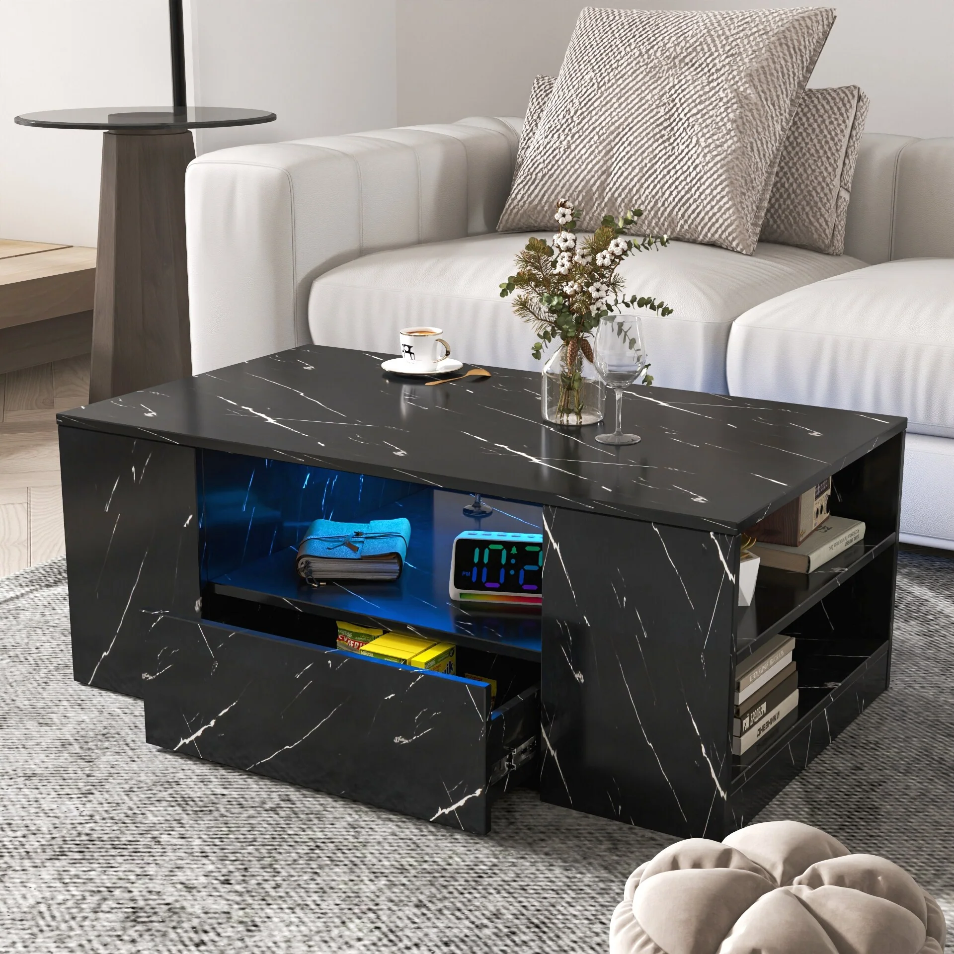 Modern Coffee Tables, LED Coffee Table, Storage Coffee Table, Wood Center Table with 2 Drawers and Open Side Shelf