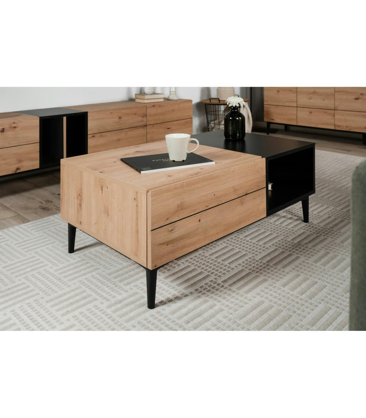 NOLA - Table Basse 1 Tiroir L100 cm - Décor Bois Clair et Noir