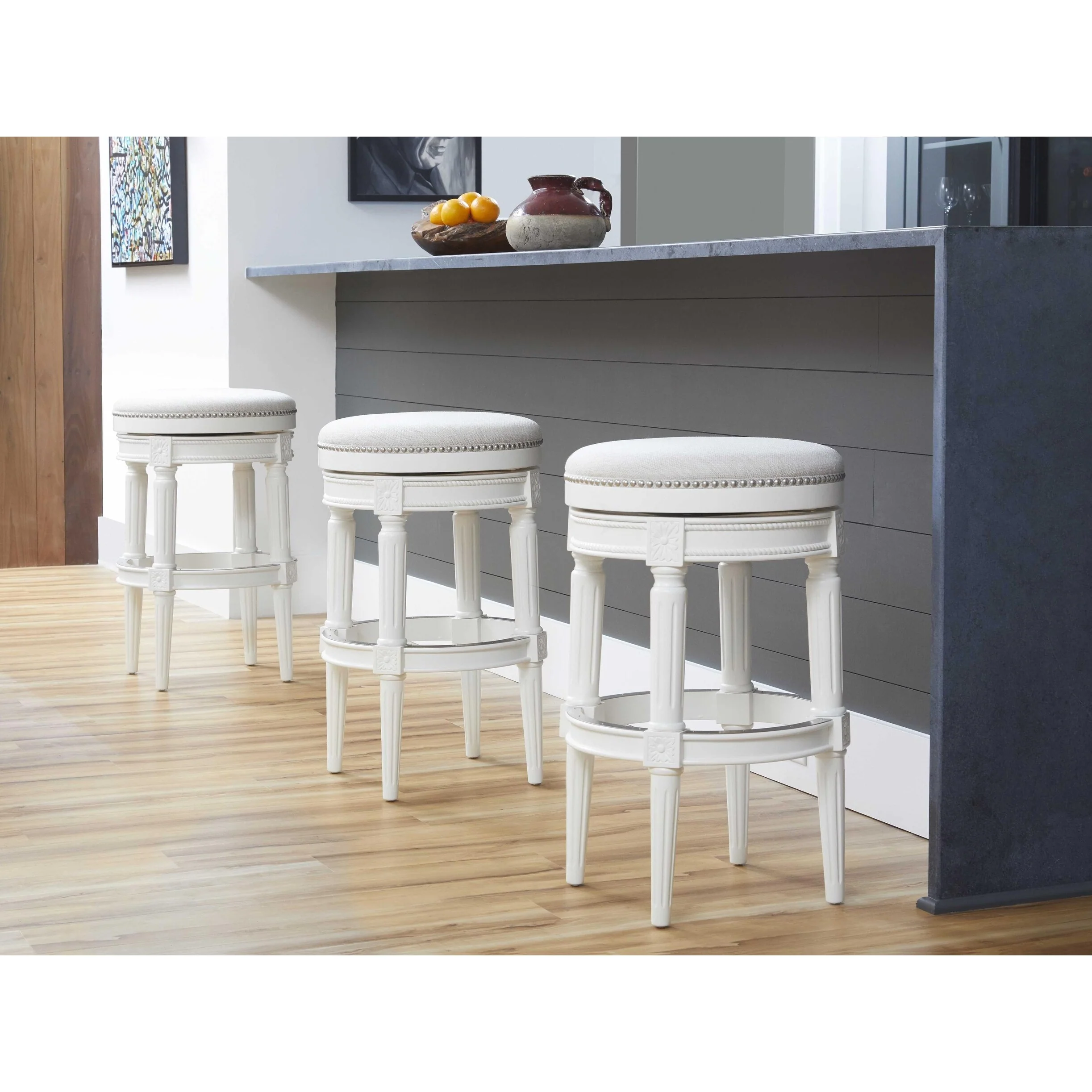 Bar Height Round Backless Stool in White Fabric