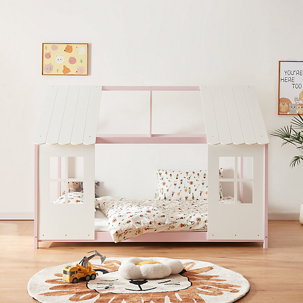 Lit cabane Tostedt pour enfant forme maison bois de pin 120 x 200 cm rose blanc en.casa