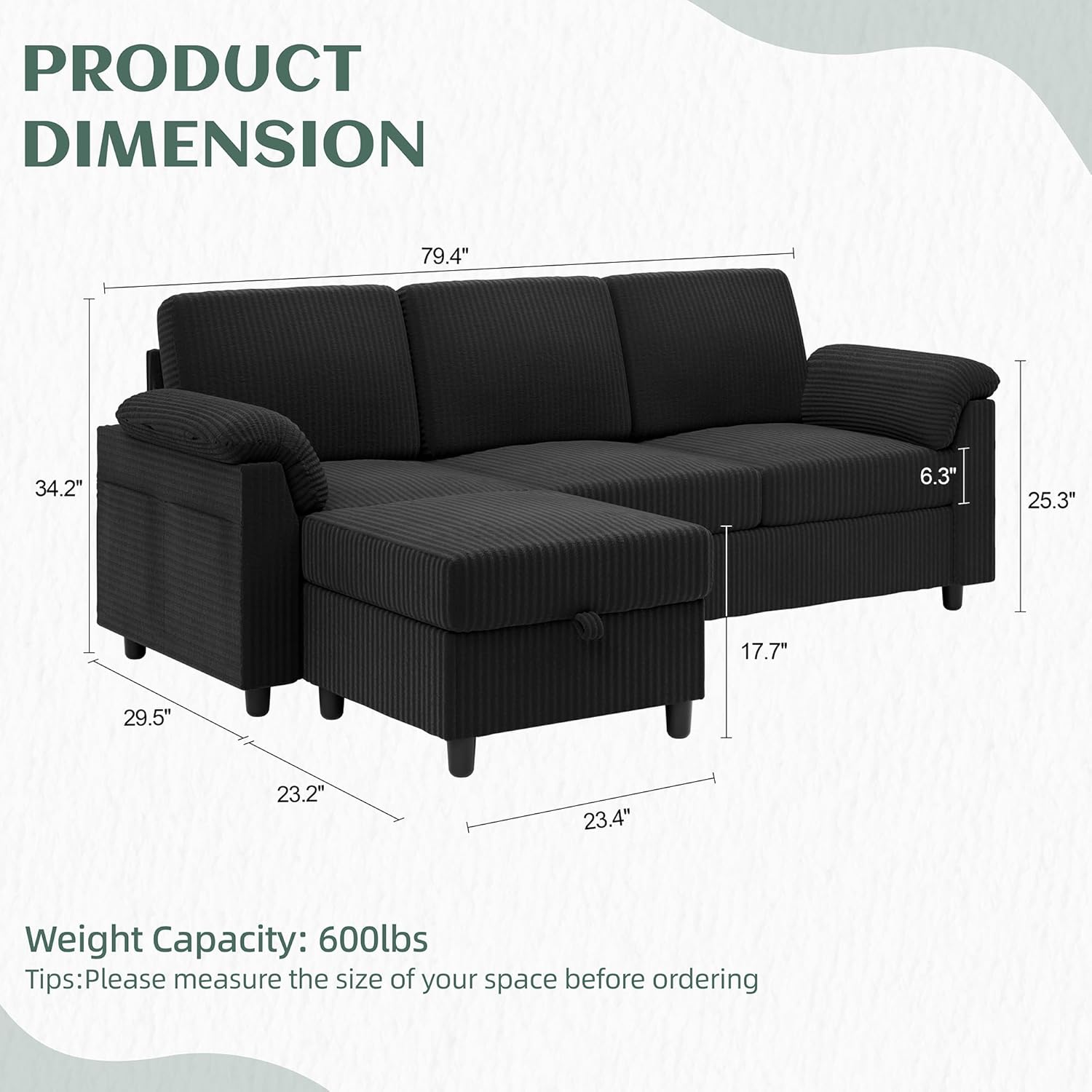 Vongrasig Convertible Sectional Couches, 3 Seat L Shaped Couch Sofa with Removable Pillows Soft Corduroy Fabric Small Couch Mid Century for Living Room, Apartment and Office Black