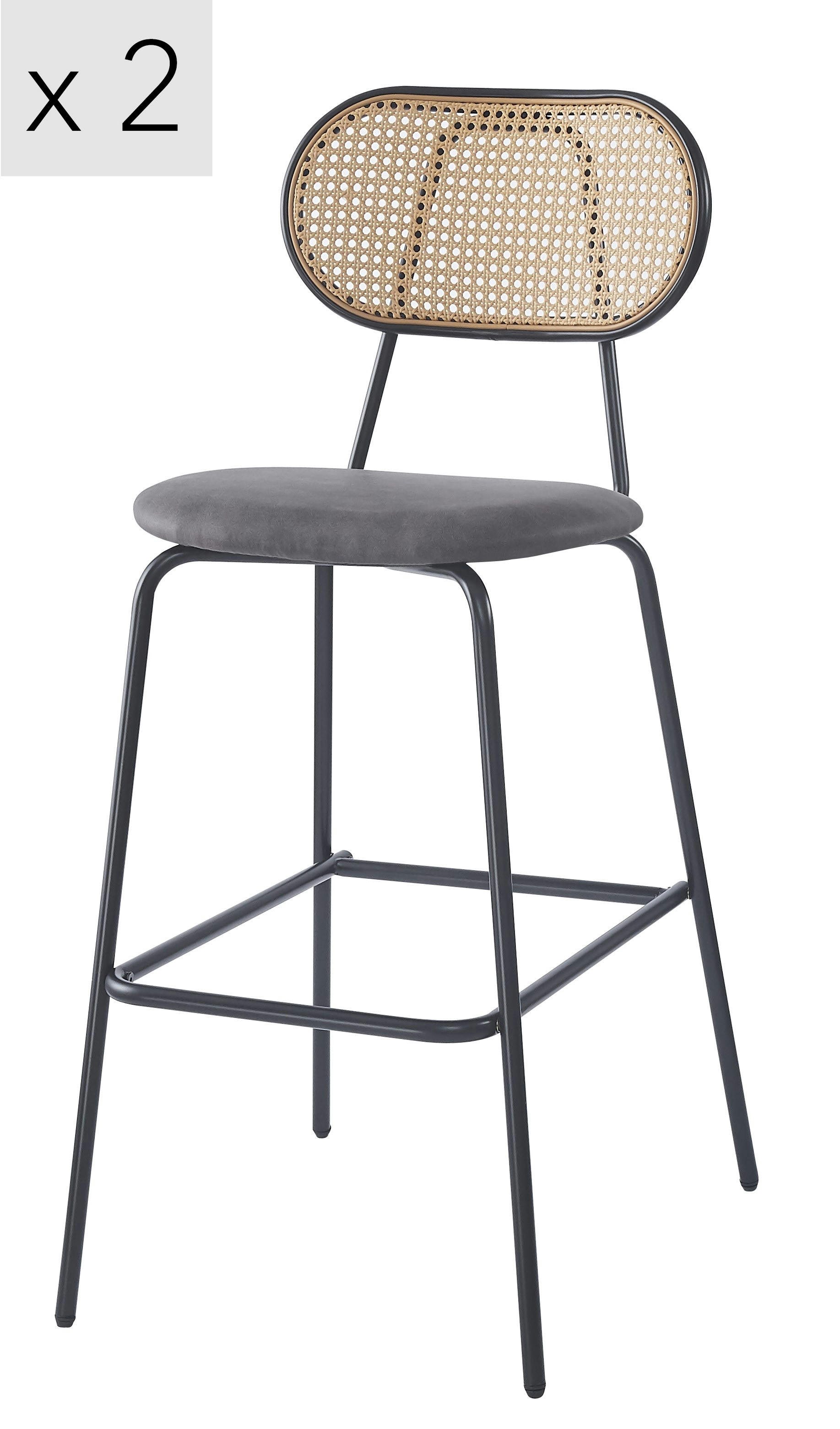 - Lot de 2 tabourets de bar en métal et cannage tissu noir