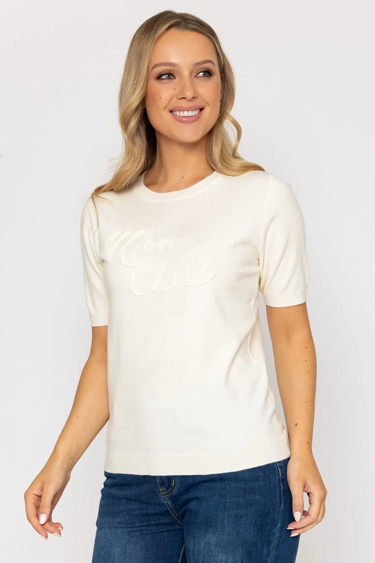 ‘Mon Cheri’ Short Sleeve Knit Top in Cream
