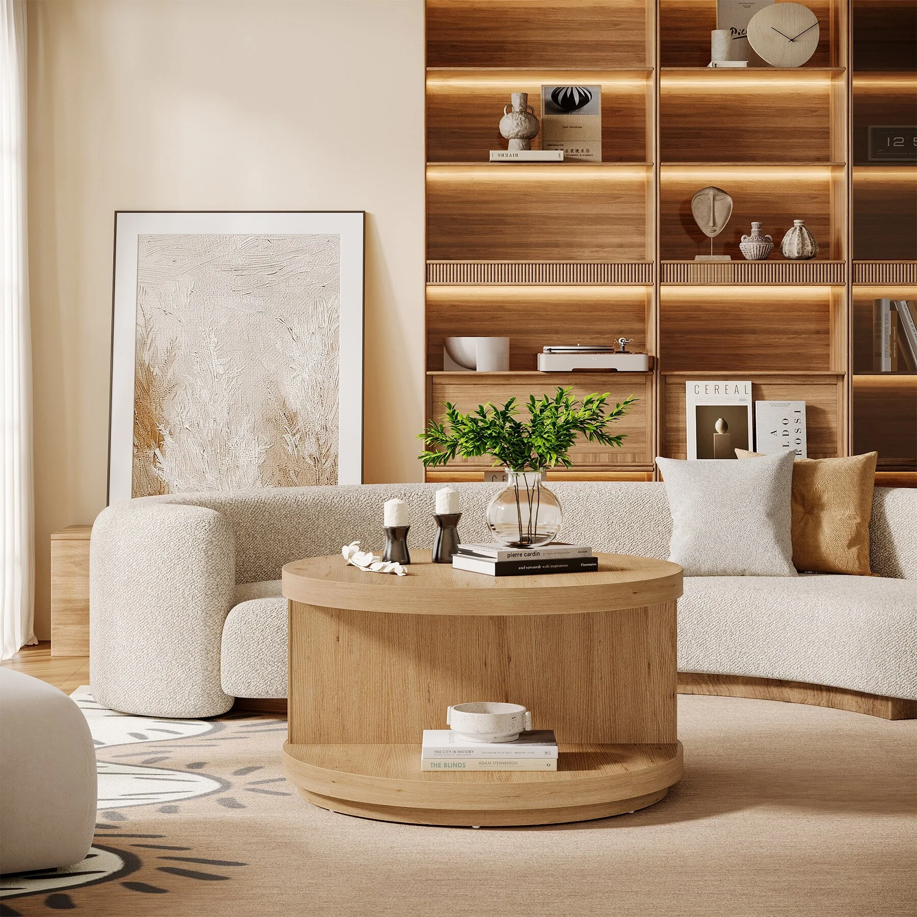 31.5 Round Industrial Coffee Table with Storage