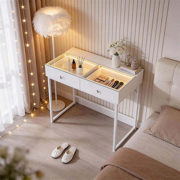 Coiffeuse avec Miroir à éclairage LED Dimmable Blanc 100cm 2 Tiroirs