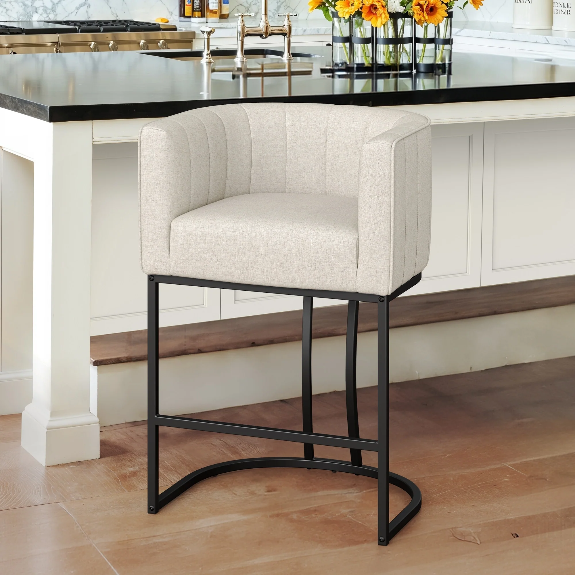 LUE BONA Modern 26.in Barstool Upholstered/PU Leather Counter Height Stool Low Back Barrel Bar Stool with Metal Frame