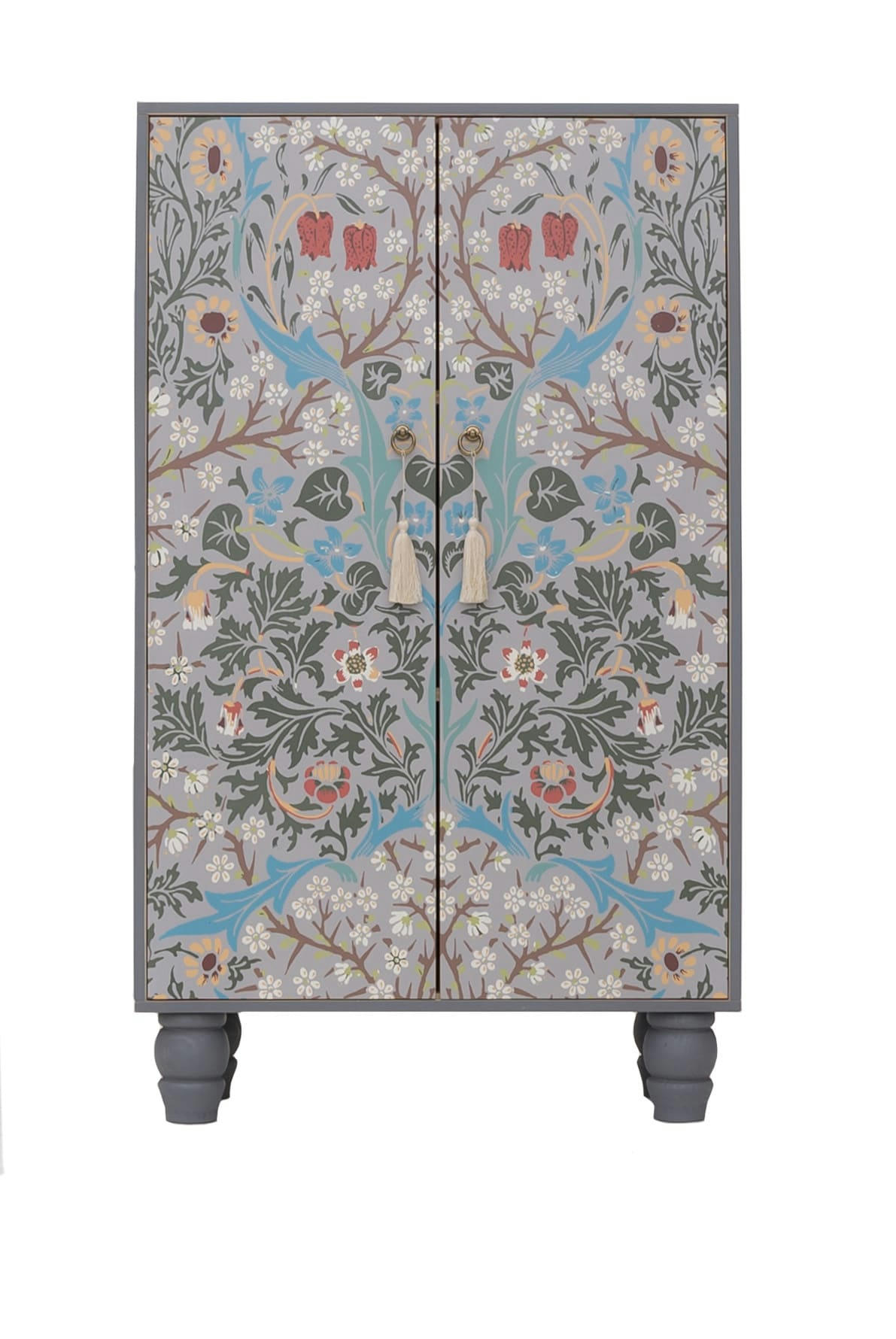 CHARMING - Buffet armoire en pin massif imprimé floral sur fond bleu.