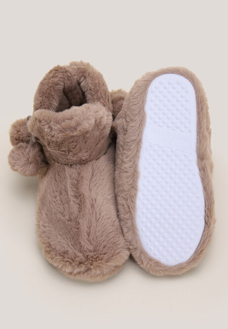 Womens Mocha Faux Fur Pom Pom Slipper Boots