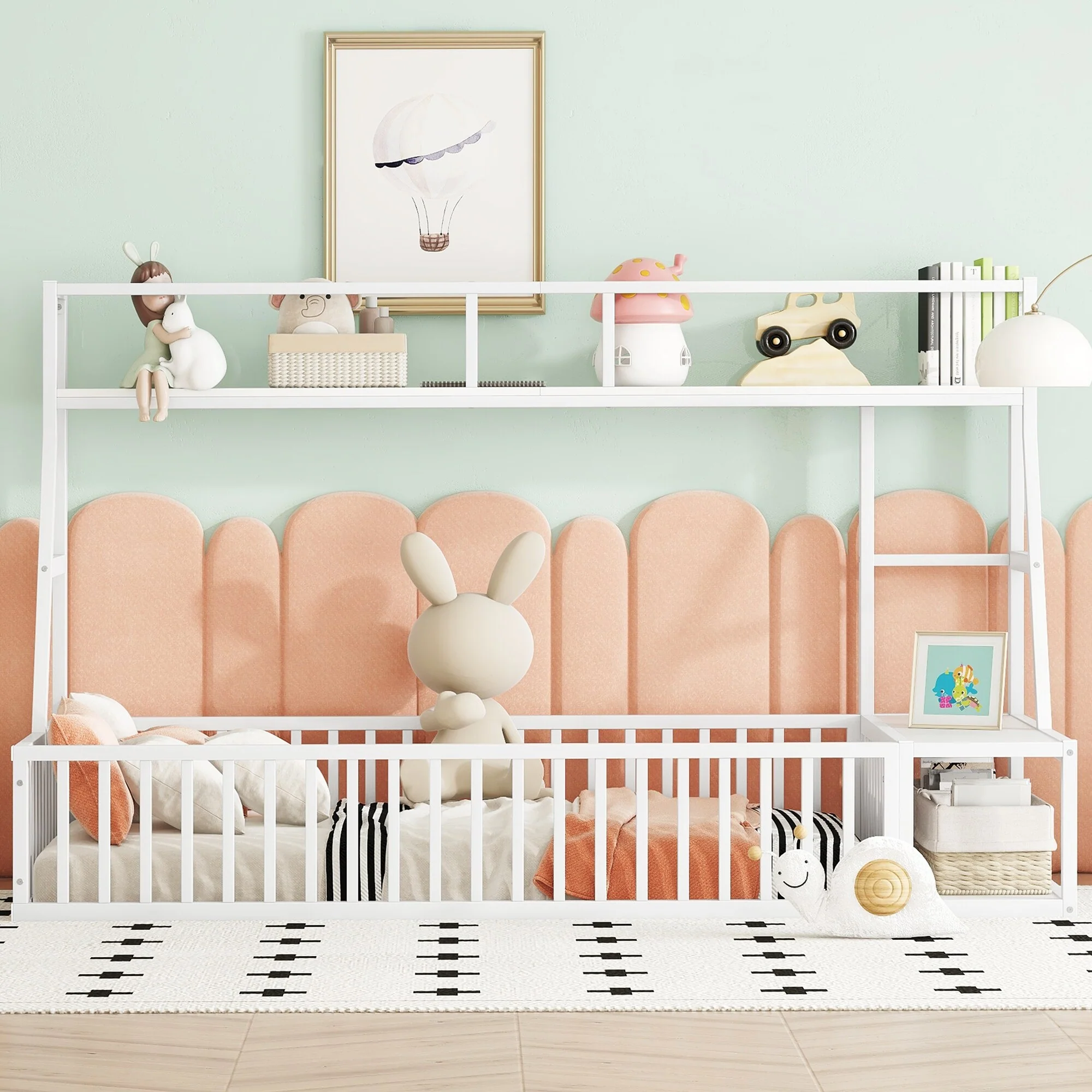 Twin Size Floor Bed Frame with Safety Fence, Metal Floor Bed with Desk and Storage Shelves, Playhouse for Kids