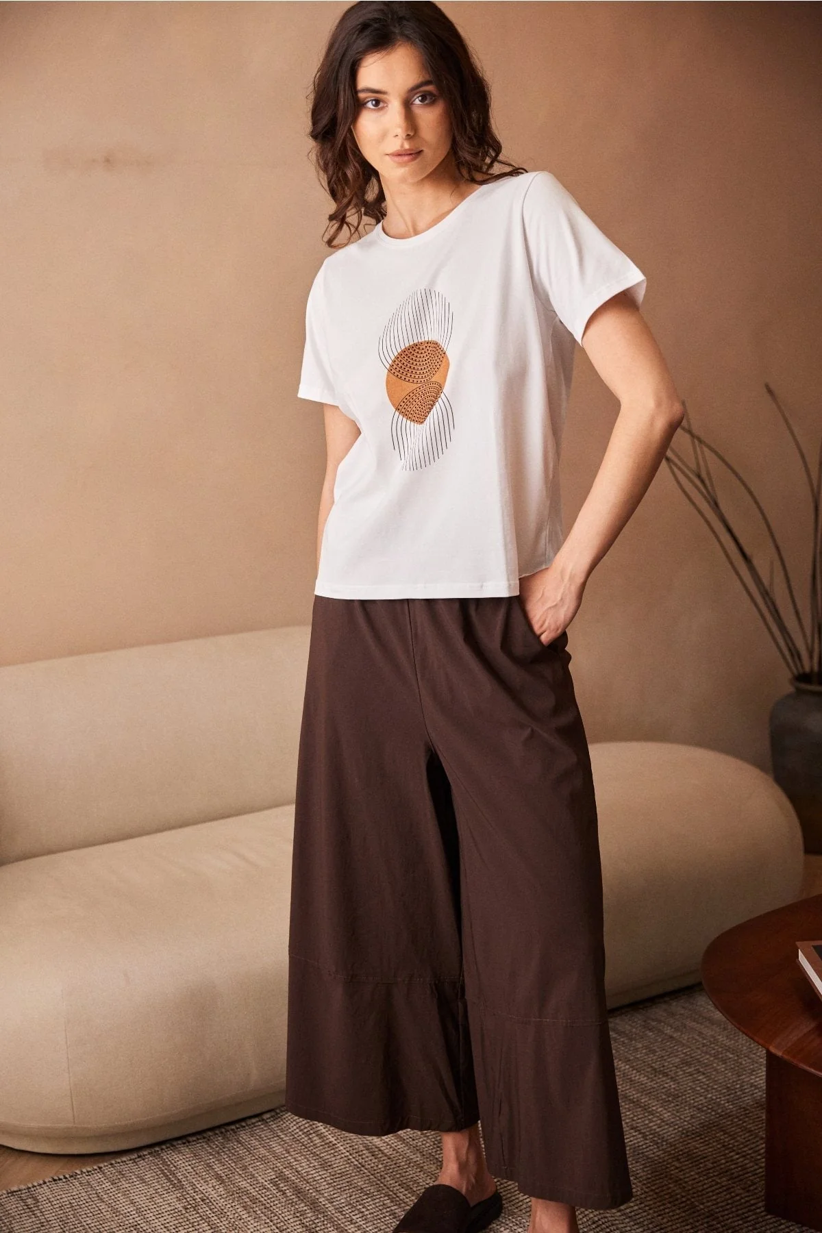 White Circle Line Print Top