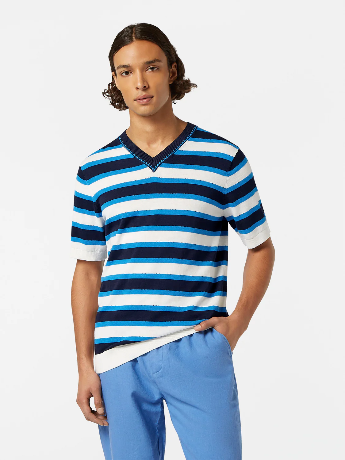 Striped Knit V-Neck T-Shirt