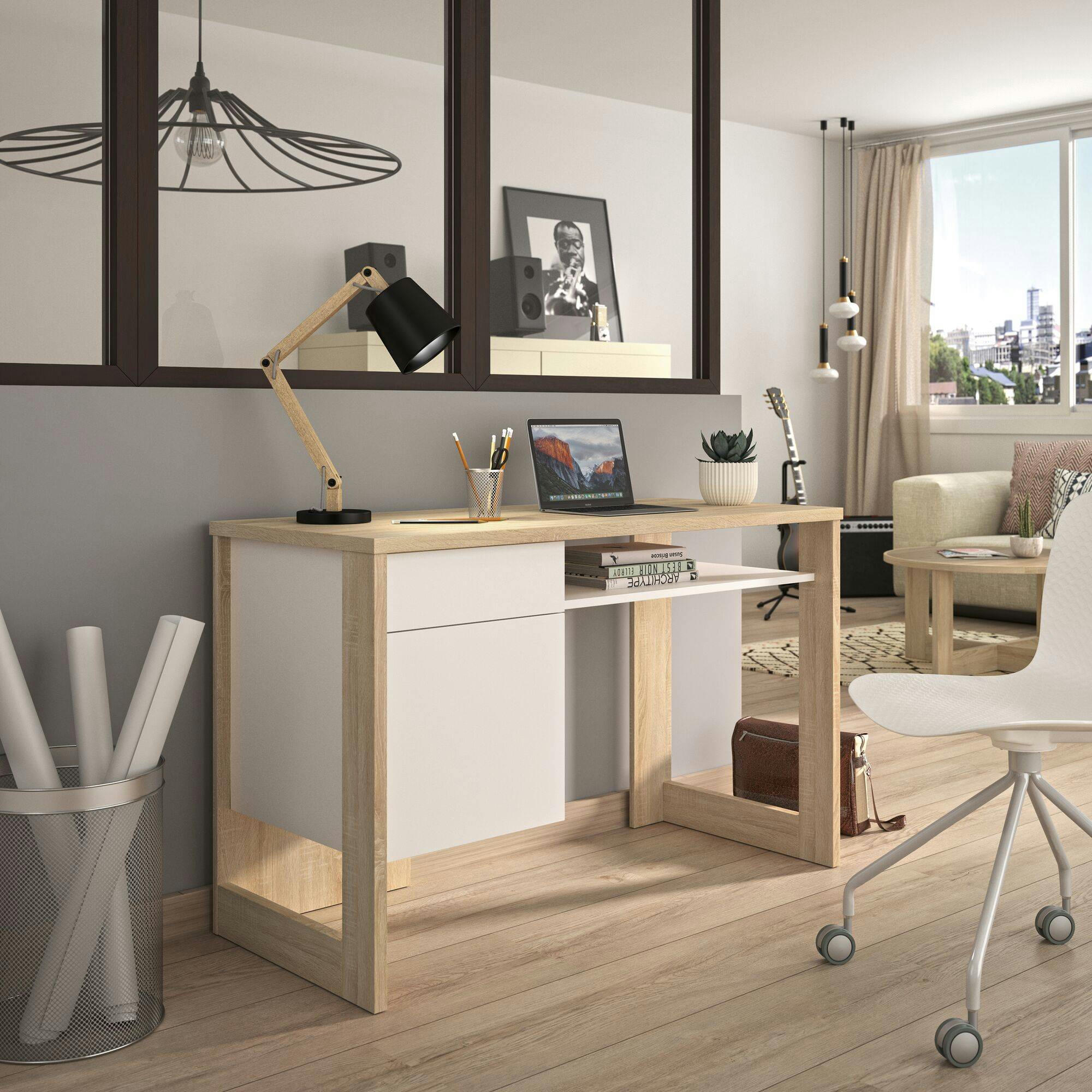 GALLY - Bureau avec 1 porte effet bois clair et blanc