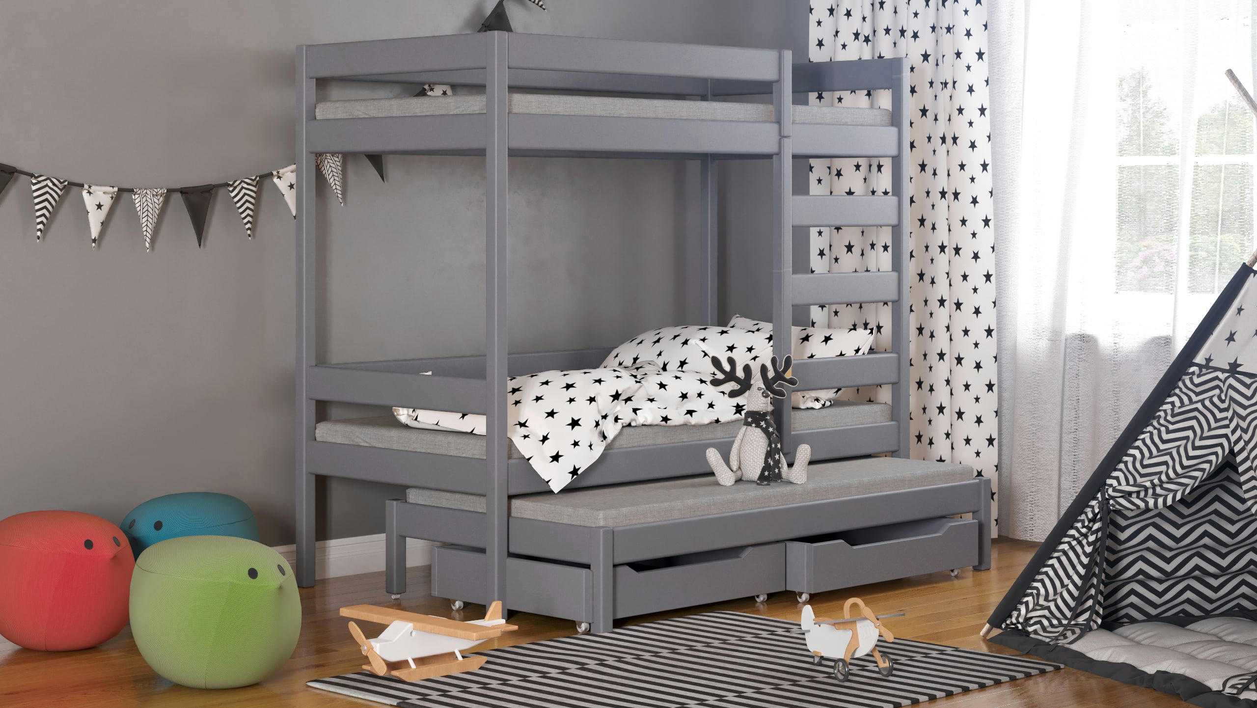 - Lit superposé en pin massif 180x80 gris