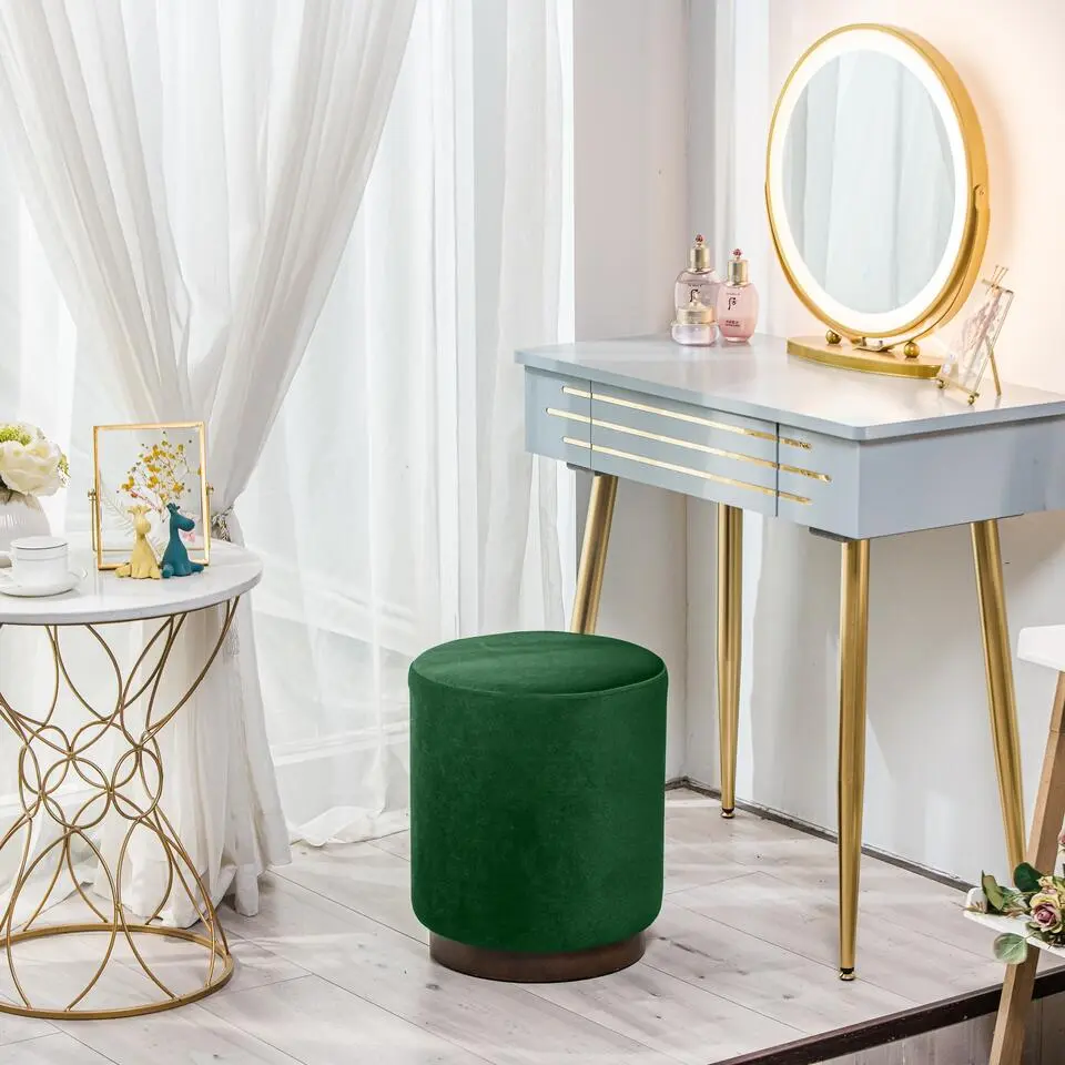 Pouf in groen fluweel en houten basis