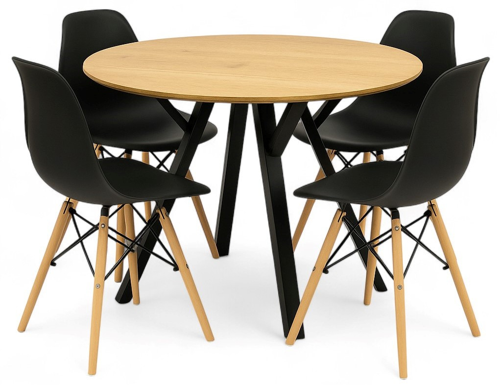 Stół Okrągły Obiadowy Loft 100x100x76cm   4 Krzesła Czarne Skandynawskie
