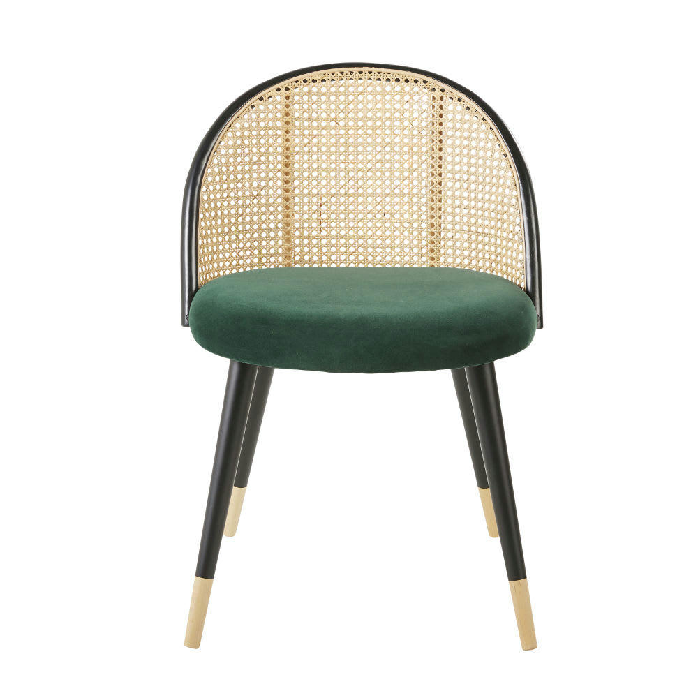 Mauricette - Chaise vintage verte cannage en rotin et bouleau massif