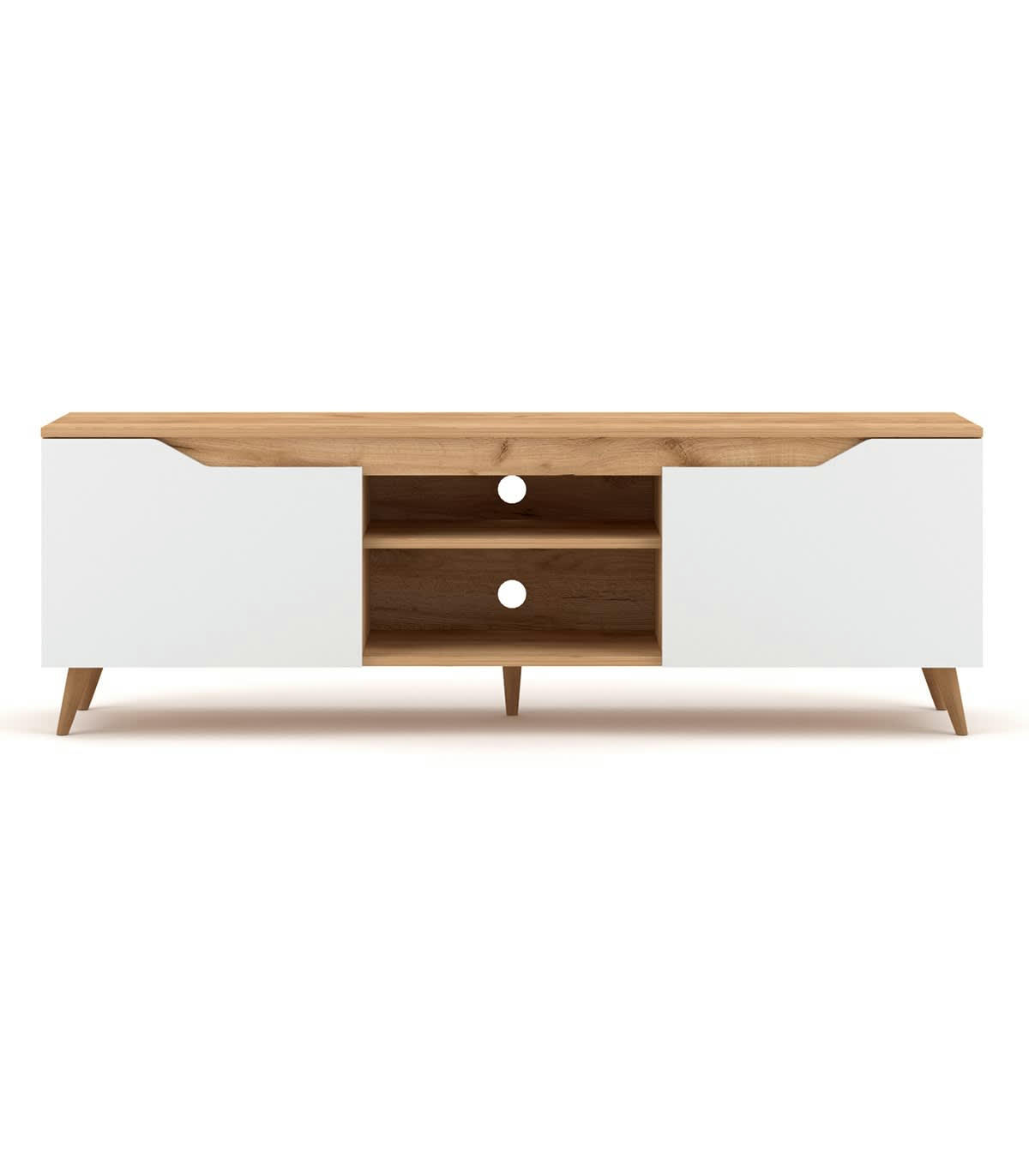 TREE - Meuble TV 2 portes et 2 niches L157 cm - Décor bois et blanc