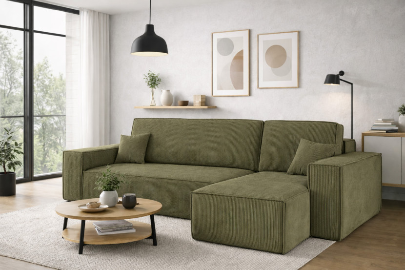 Sofa w kształcie L BEST narożnik, tkanina Poso, Oliwkowy Prawostronny