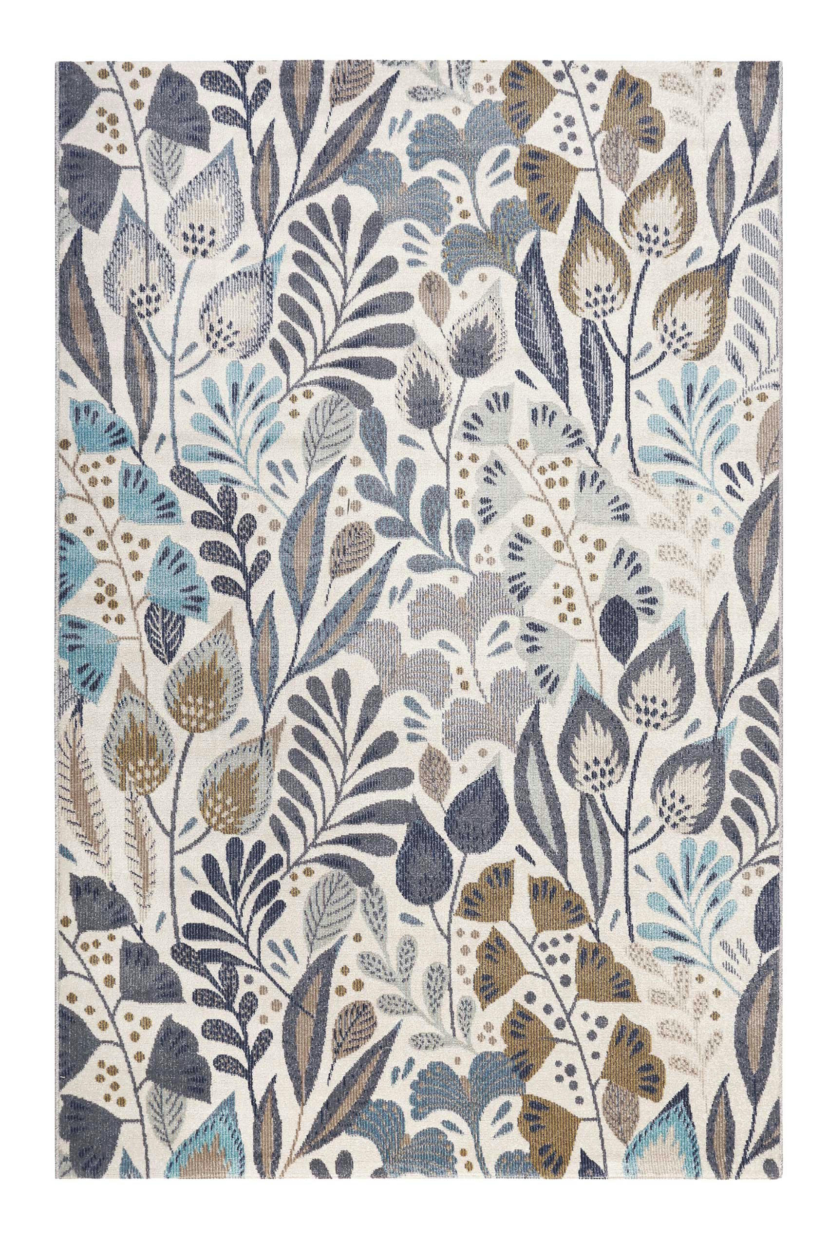 LILLY - Tapis exterieur thème floral bleu beige 160x225
