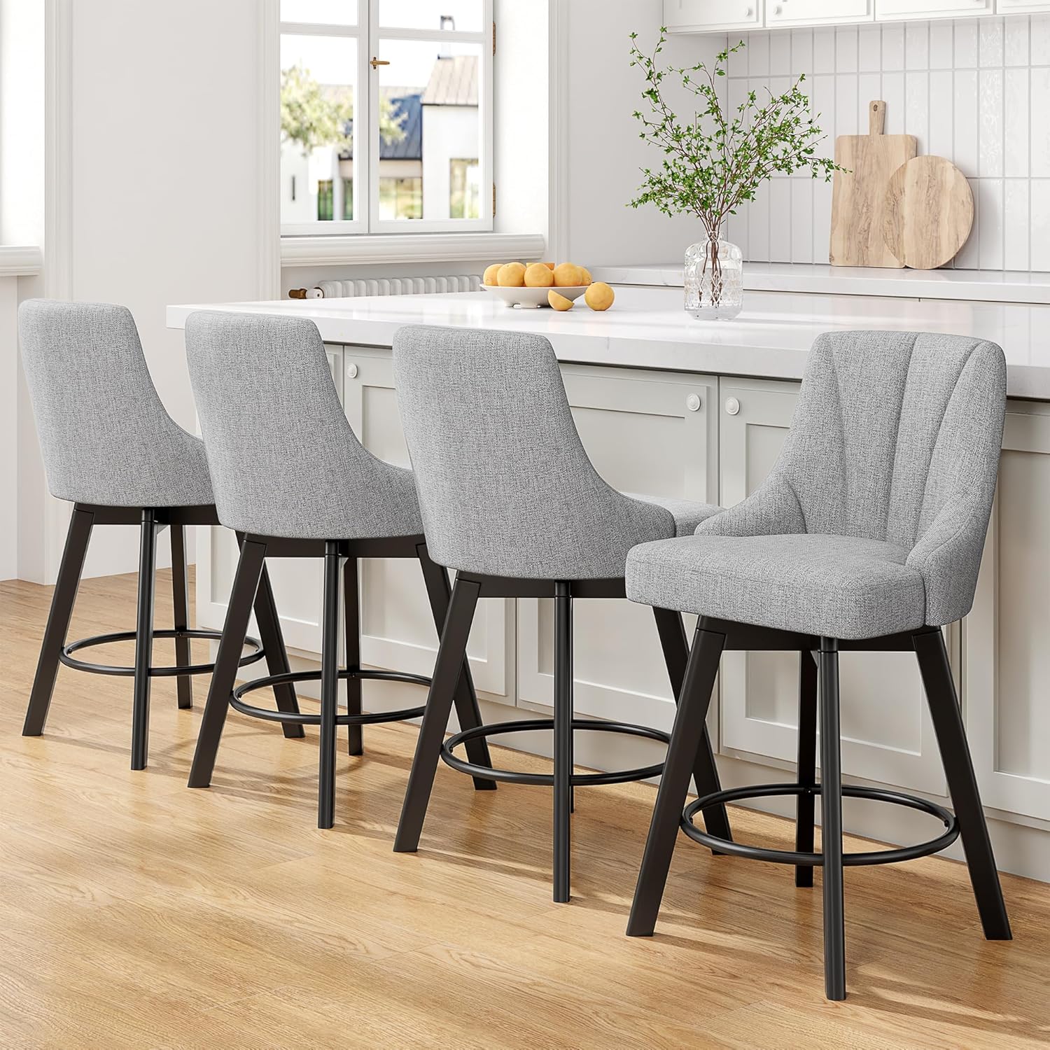 Bar Stools with Backs, 24 Counter Height Bar Stools, Fabric Upholstered Counter Barstools Set of 4 with Solid Wood Legs for Kitchen Island, Home Bar, Light Gray