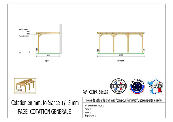 Carport toit plat adossé 500cmx1050cm bois DOUGLAS français (charpente - auvent - abri camping-car). 53 m². Garantie 10 ans.
