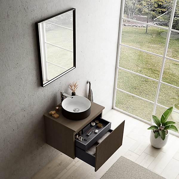 Meuble vasque suspendu plaqué noyer strié l.60 cm   plan de toilette plaqué noyer, Pura
